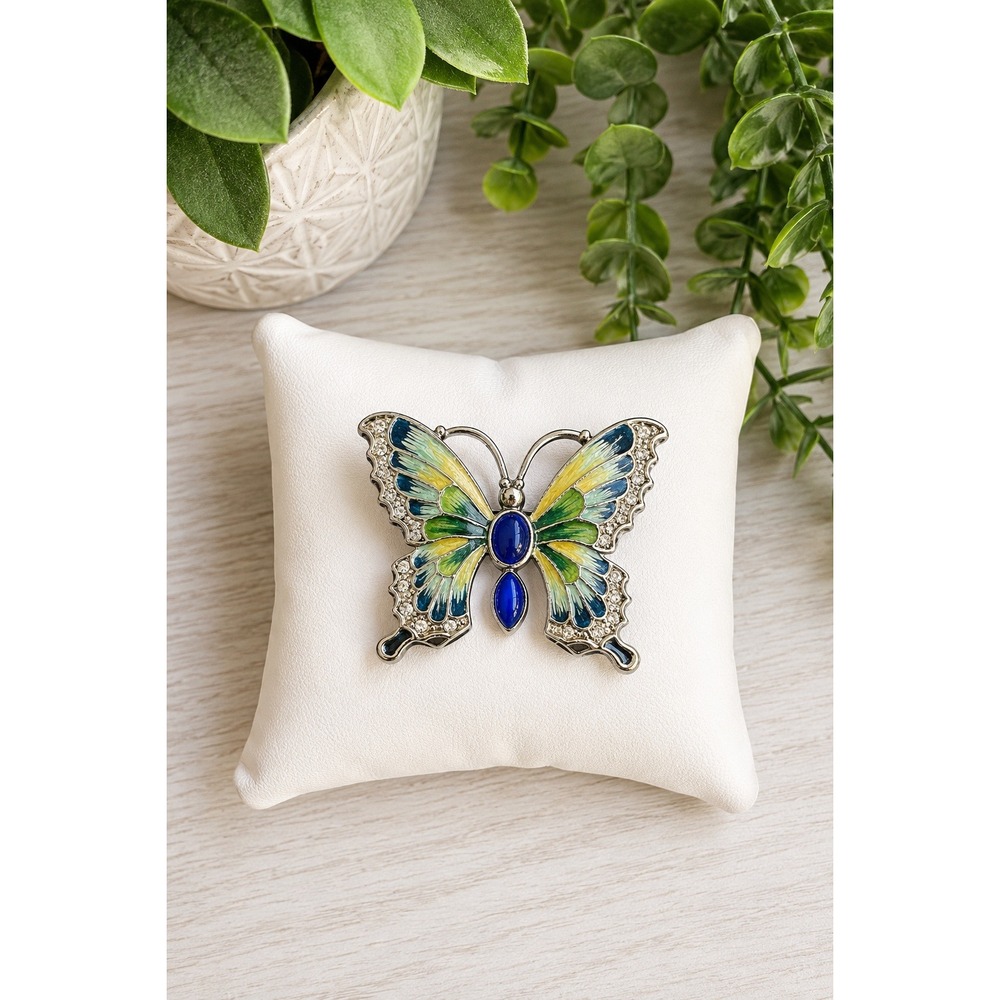 Vintage Enamel Butterfly Brooch Cobalt Blue Cabochons Rhinestone Silver Tone